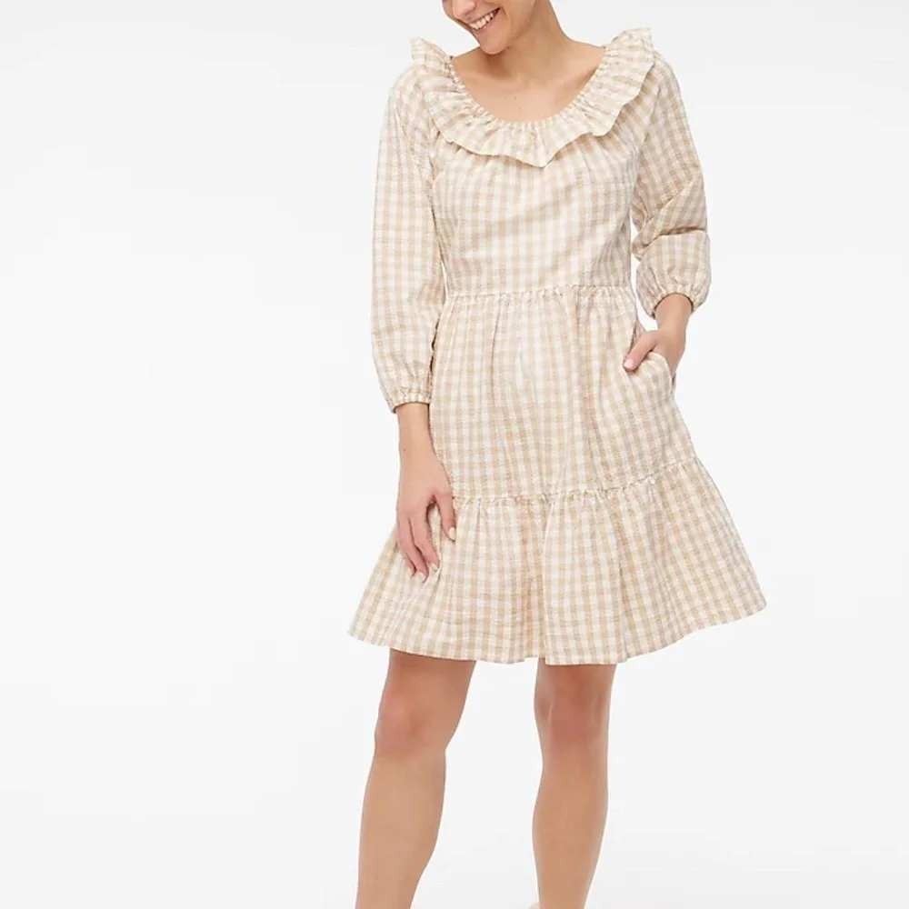J.Crew Gingham Seersucker Ruffle Neck Tiered Mini Dress Tan White 10 NWT